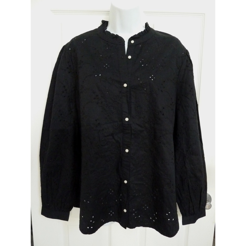 Old Navy Black Eyelet Ruffled Balloon Sleeve Blouse L 12/14 Whimsy Goth Top